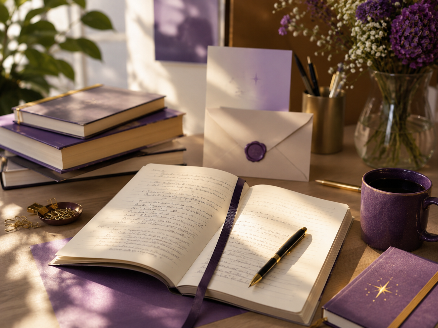Storytelling workspace with notebook, books, envelope, and purple accents