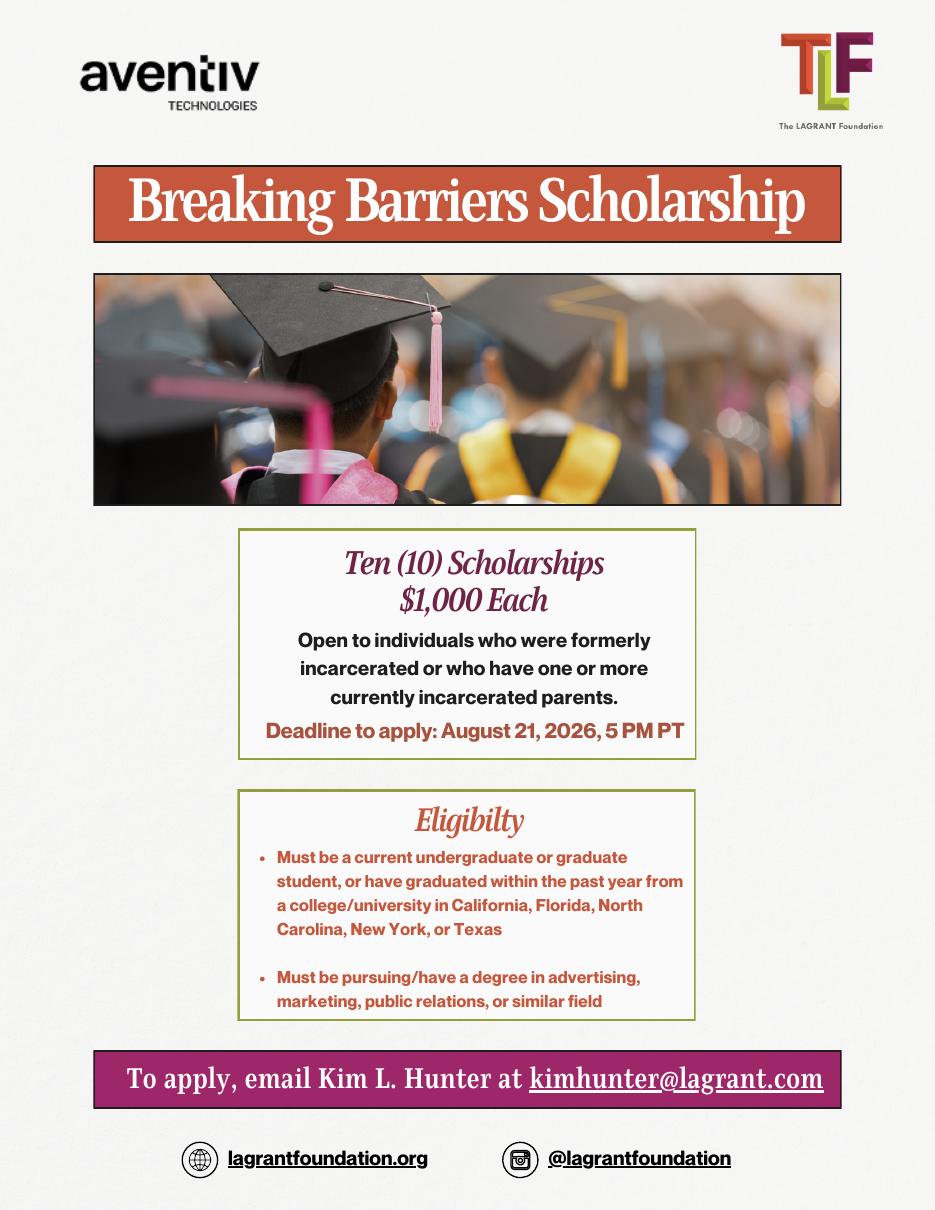 Breaking Barriers Scholarship flyer: ten $1,000 scholarships, eligibility, and an August 21, 2026 deadline