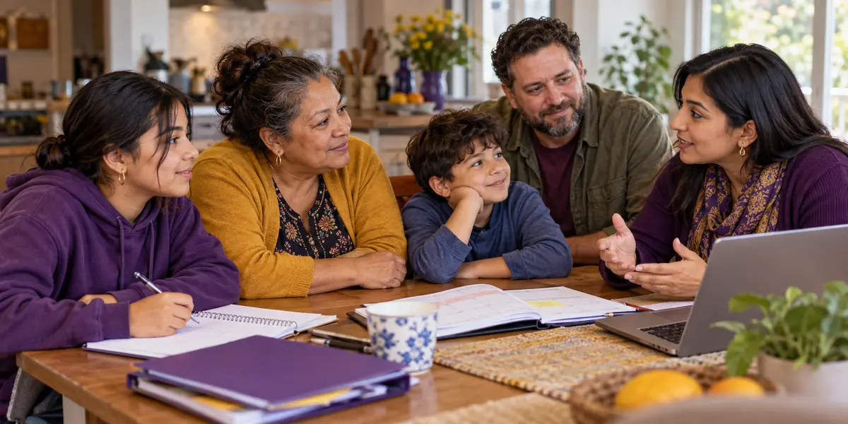 An intergenerational family meeting with a family-resource navigator around a kitchen table.