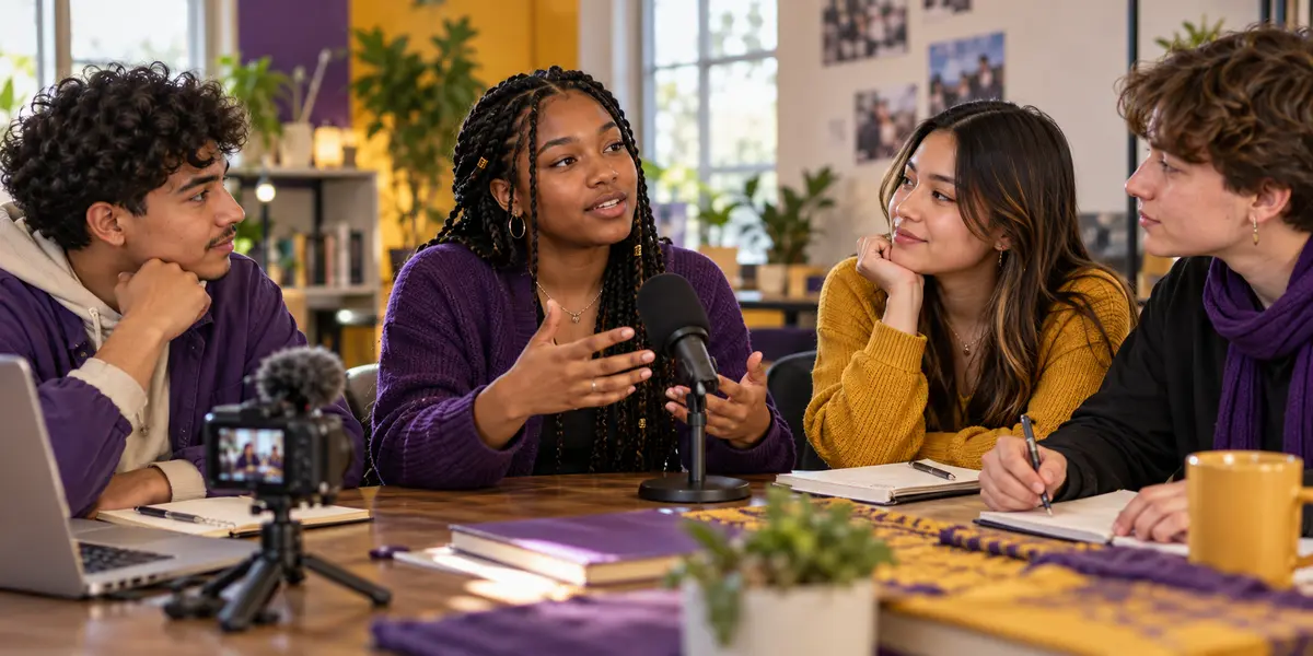 Four diverse young people recording a community storytelling conversation.